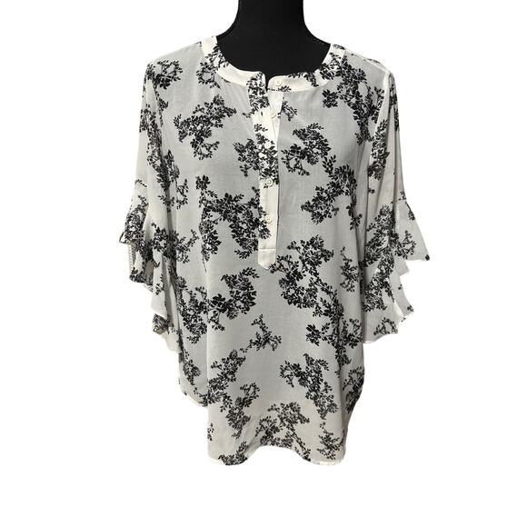 Vince Camuto Kimono Sleeves Blouse Size M White And Black Button Sheer Tunic Top - Picture 1 of 7